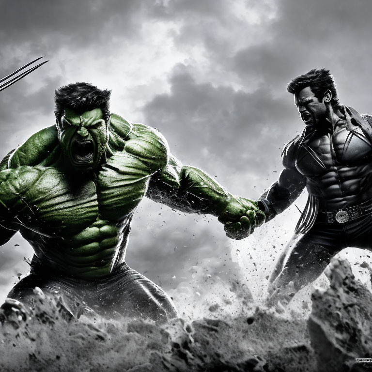 Muscular superheroes in green and metal suits face off in stormy backdrop