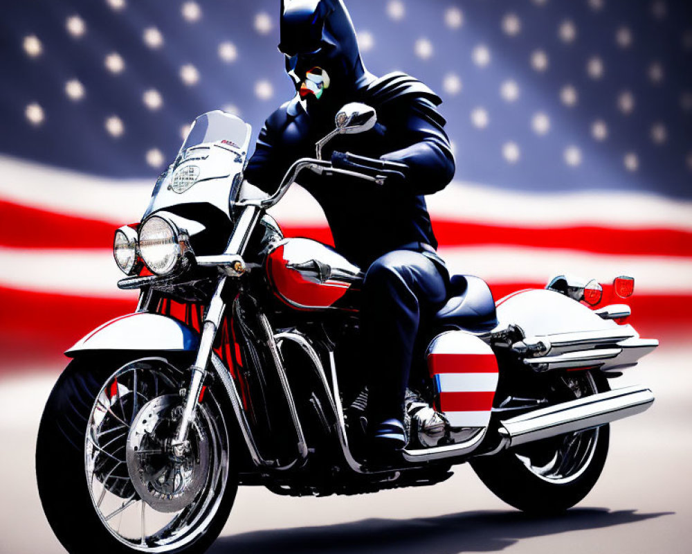 Person in Batman costume rides motorcycle with American flag backdrop