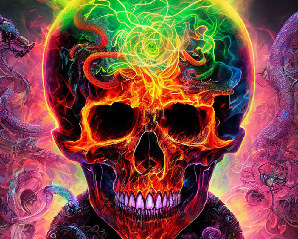 Digital artwork of flaming skull with glowing brain against intricate backdrop