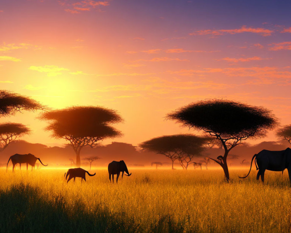 Savanna Sunset: Elephants Silhouetted Among Acacia Trees