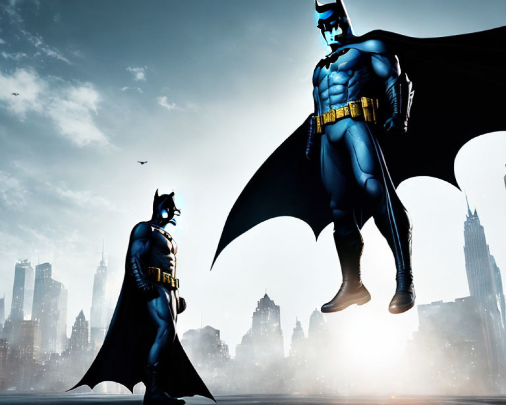 Superhero with Bat Emblem in Cityscape at Dusk
