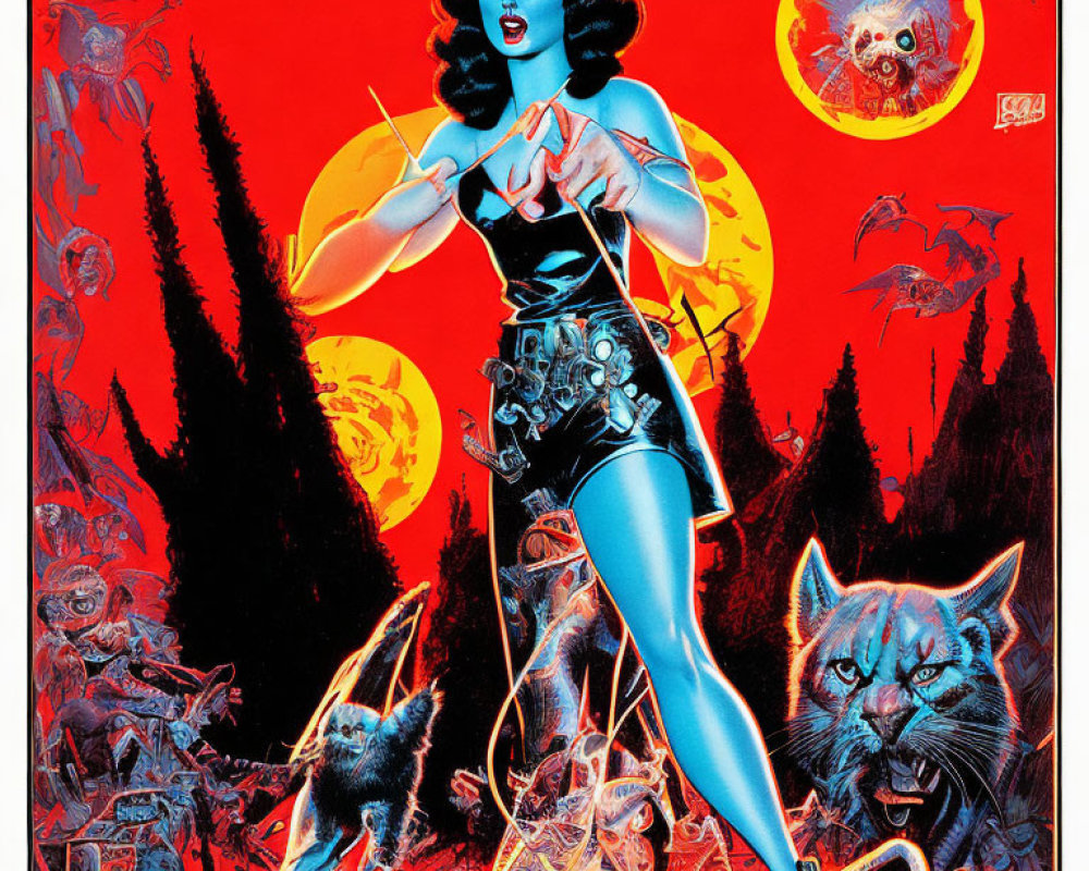 Female superhero with black hair on red background, full moon, wolves - Vintage comic book cover.