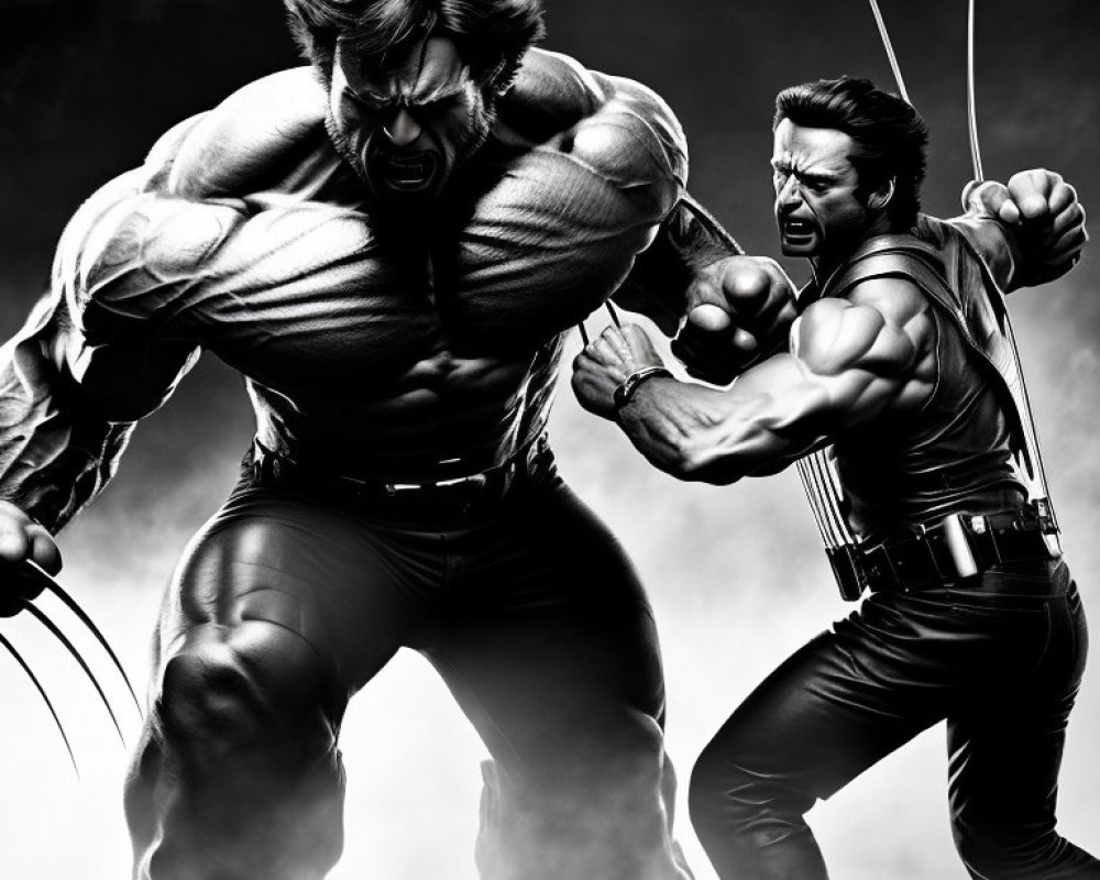 Muscular characters in dynamic fight pose with metal claws and bared fists