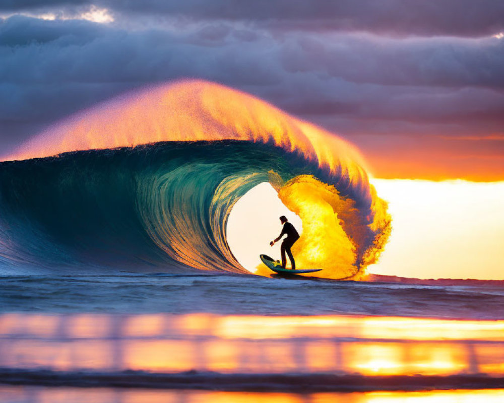 Surfer riding large wave at fiery sunset