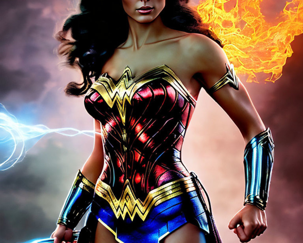 Stylized Wonder Woman with lightning and fire in cosmic setting