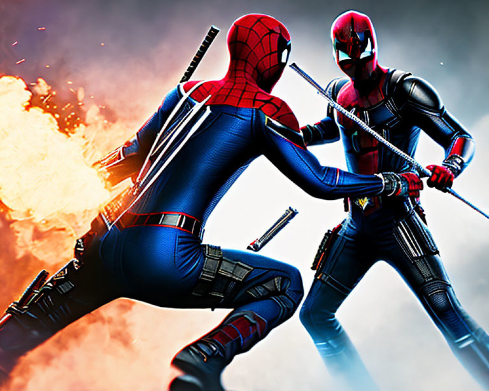 Spider-Man Costumes Clash in Front of Fiery Explosion