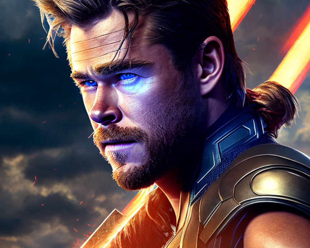 Man in Futuristic Armor with Blue Eyes and Beard in Vibrant Light Beams