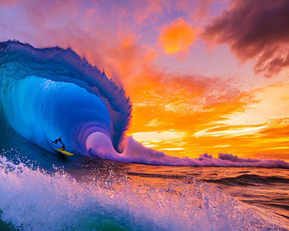Surfer riding massive wave under vibrant sunset sky