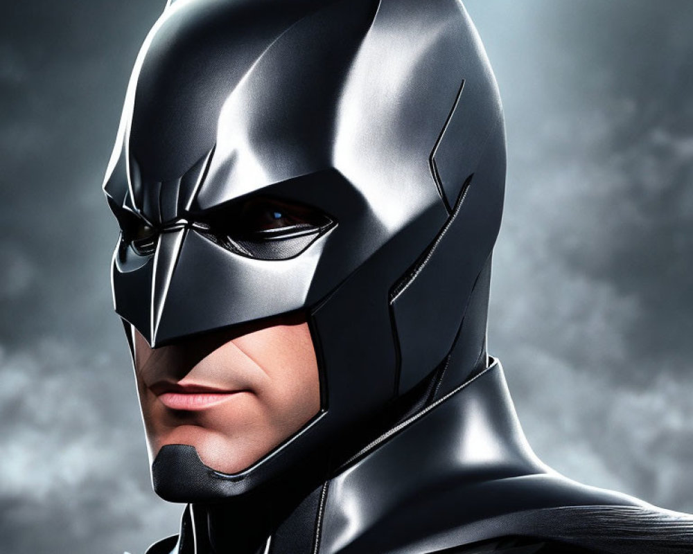 Person in Batman costume with cowl and mask in serious expression against dark background