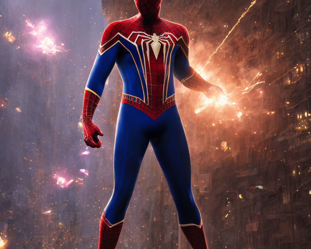 Superhero in dynamic pose against chaotic urban backdrop with debris and glowing particles.