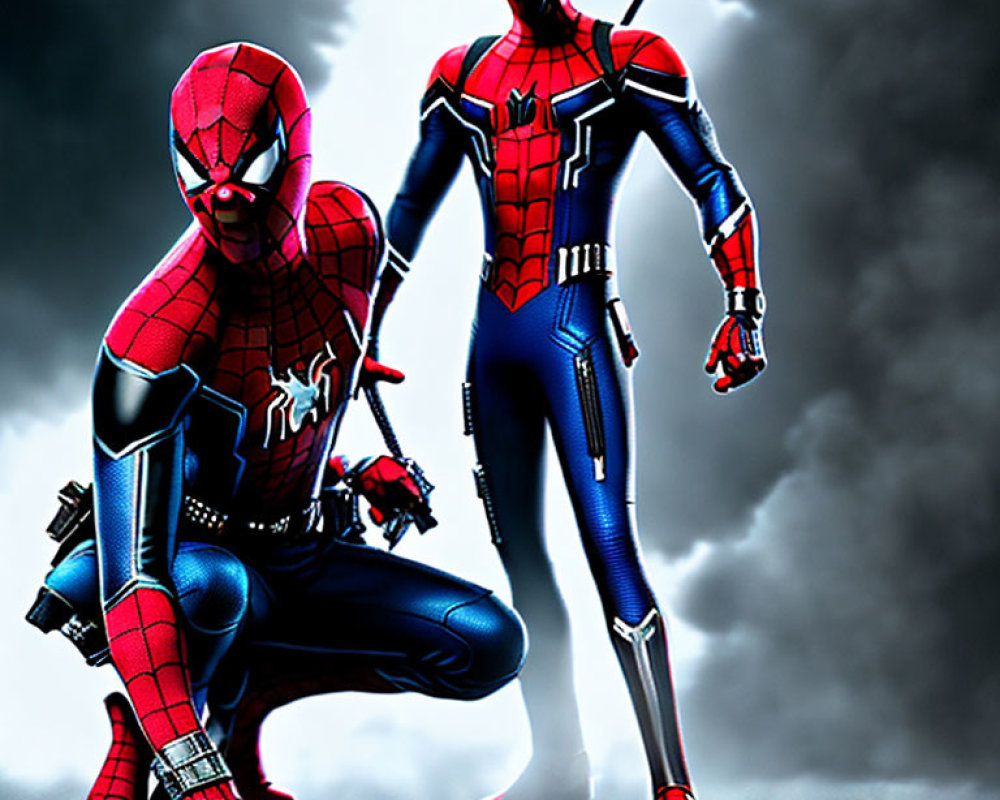 Two individuals in Spider-Man costumes posing back-to-back against a dark, cloudy background
