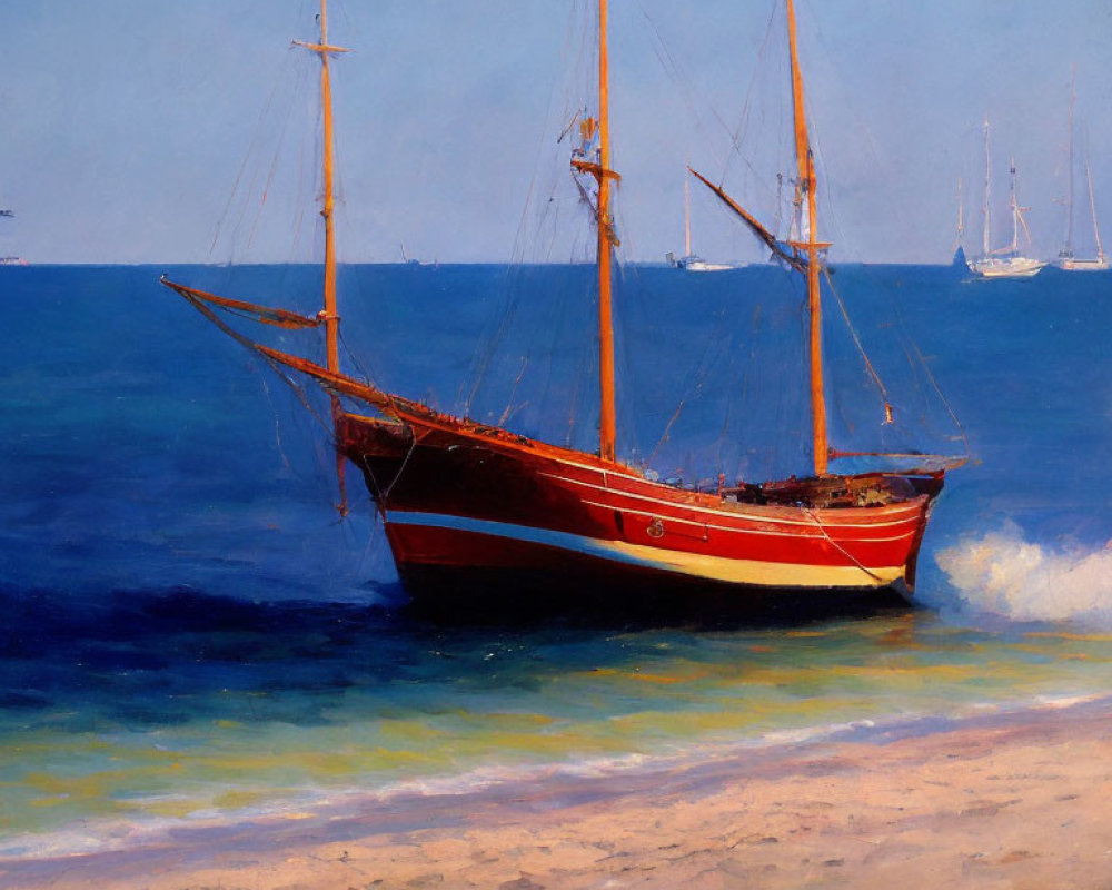 Red and Black Three-Masted Schooner Painting on Golden Sand Beach