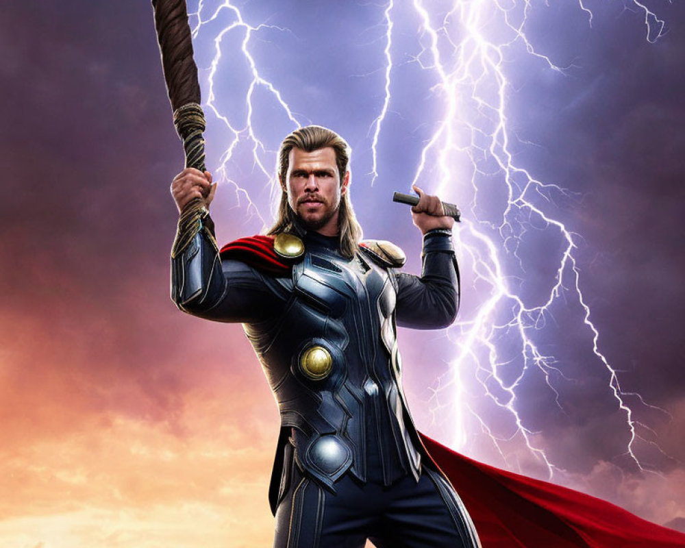 Blond superhero with hammer and lightning, in armor and cape
