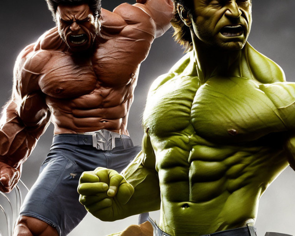 Muscular brown and green characters in aggressive superhero poses