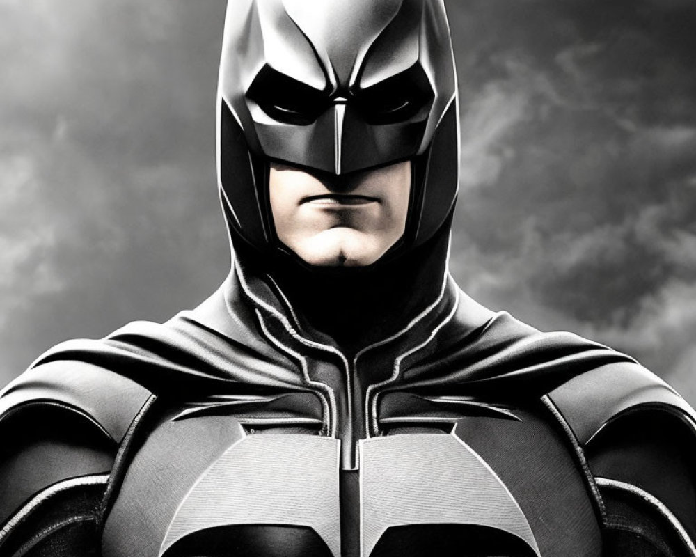 Detailed Close-Up of Batman in Black Suit and Cowl on Cloudy Sky