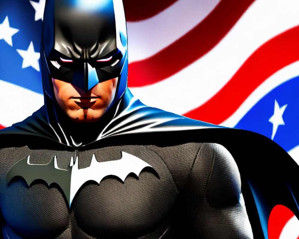 Fictional character in Batman costume against American flag.