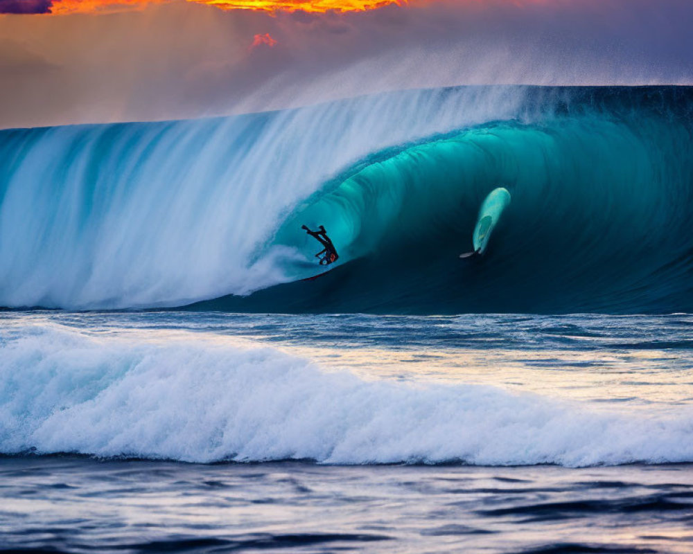 Surfers riding massive waves at sunset with wipeout scene