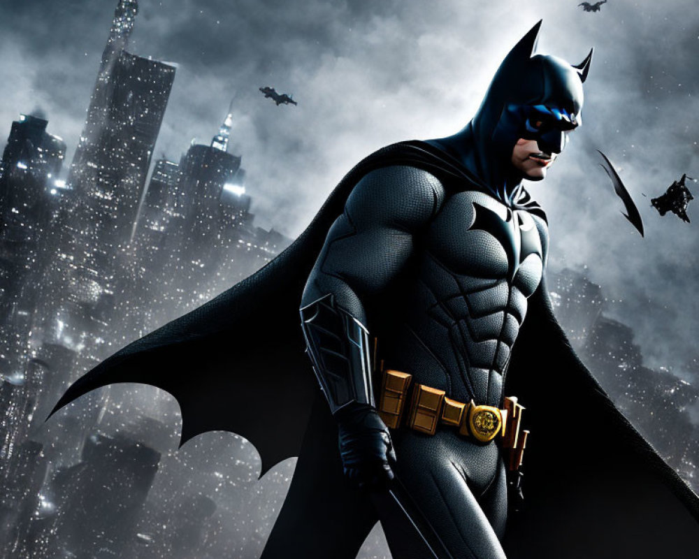 Superhero in Black Bat Costume in Dark Cityscape