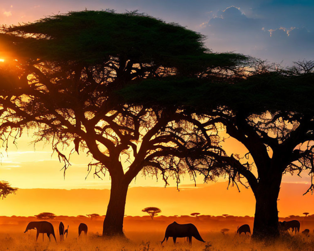 Elephants Walking Under Trees at Sunset in African Savannah