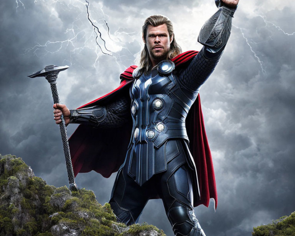 Blonde superhero in red cape and armor wields hammer in stormy sky