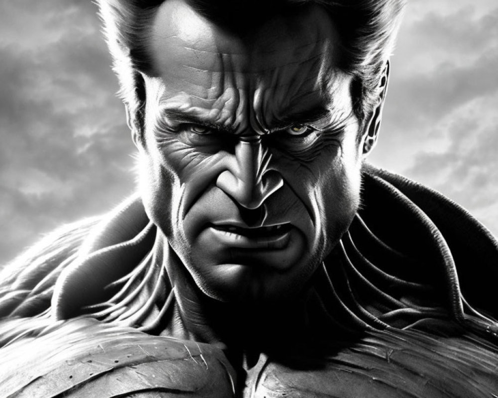 Detailed illustration of scowling male superhero with high-collared cape