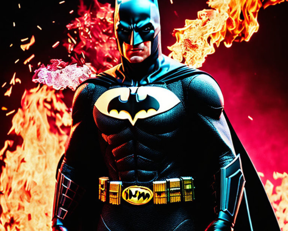 Person in Batman costume surrounded by intense flames and embers