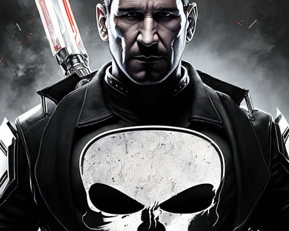 Character in Punisher logo suit with glowing red lightsaber