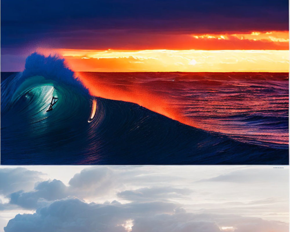 Surfers in glowing wave and sunlit cresting wave scenes