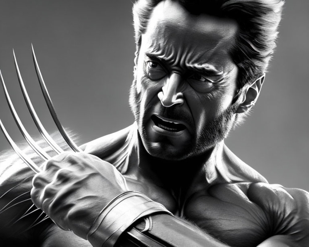 Monochrome artistic portrayal of Wolverine with adamantium claws