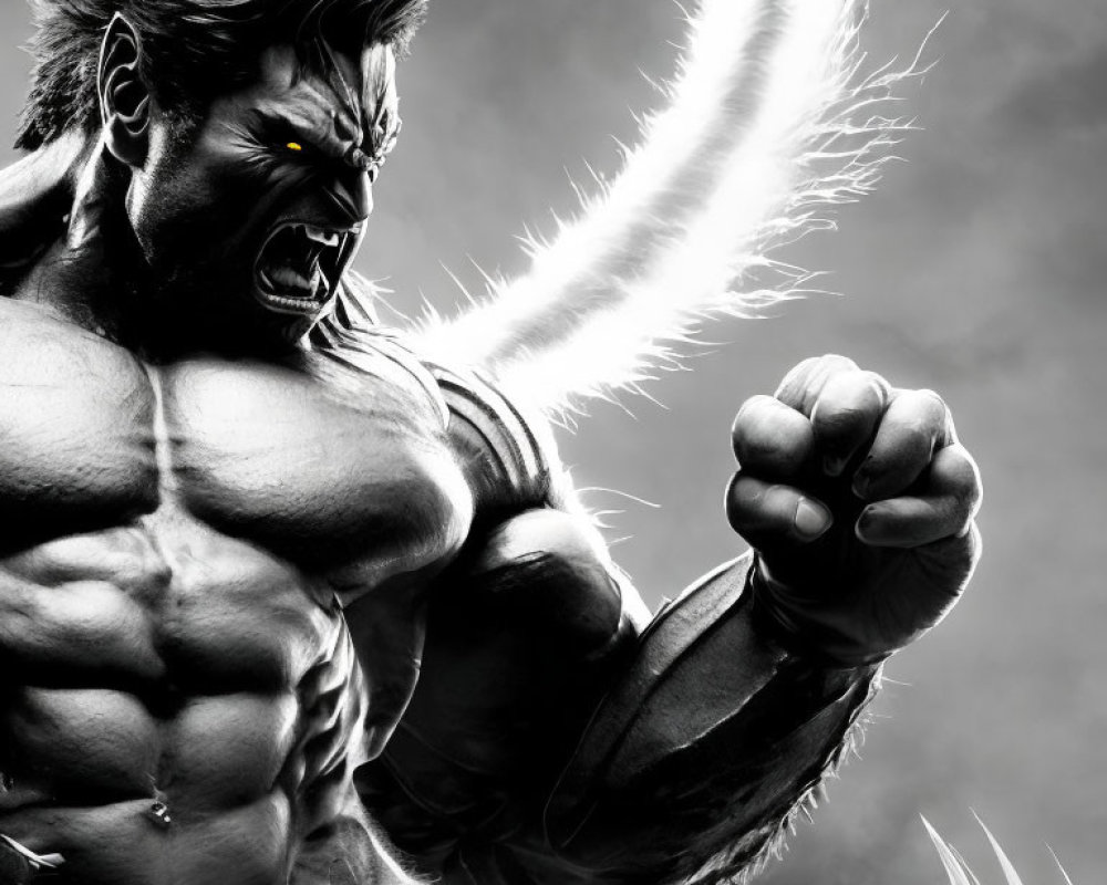 Muscular character in monochrome with claw marks, showing rage and clenched fists.