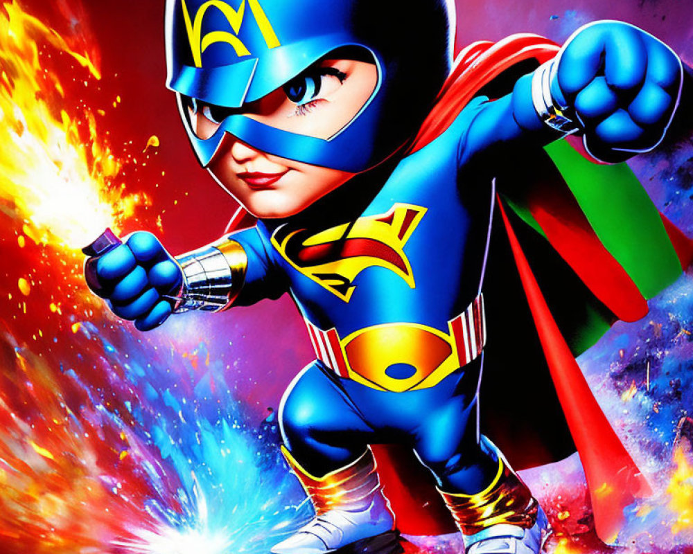 Superhero toddler in blue costume flying in cosmic backdrop