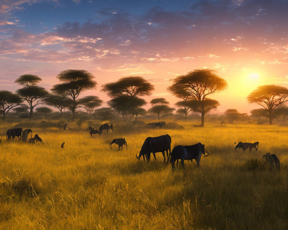 African Savanna Sunset: Wildebeest Herd and Acacia Trees