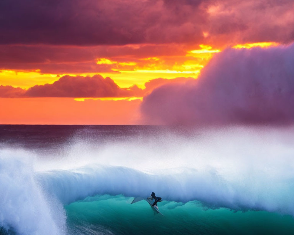 Surfer riding large wave at sunset with colorful sky and mist