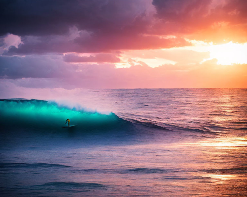 Surfer Riding Large Turquoise Wave at Vibrant Sunset
