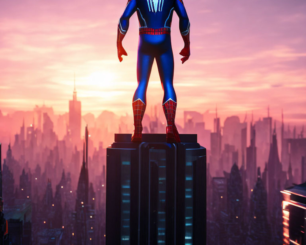 Person in Spider-Man Costume Overlooks City Skyline at Sunrise or Sunset