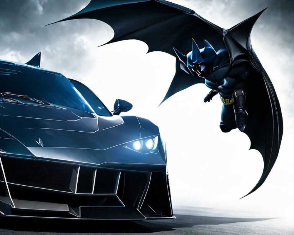 Person in Batman costume next to bat-themed sports car under dramatic sky
