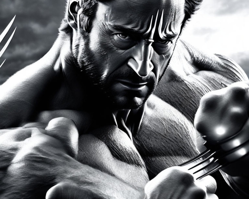 Muscular male character with metal claws in dramatic lighting