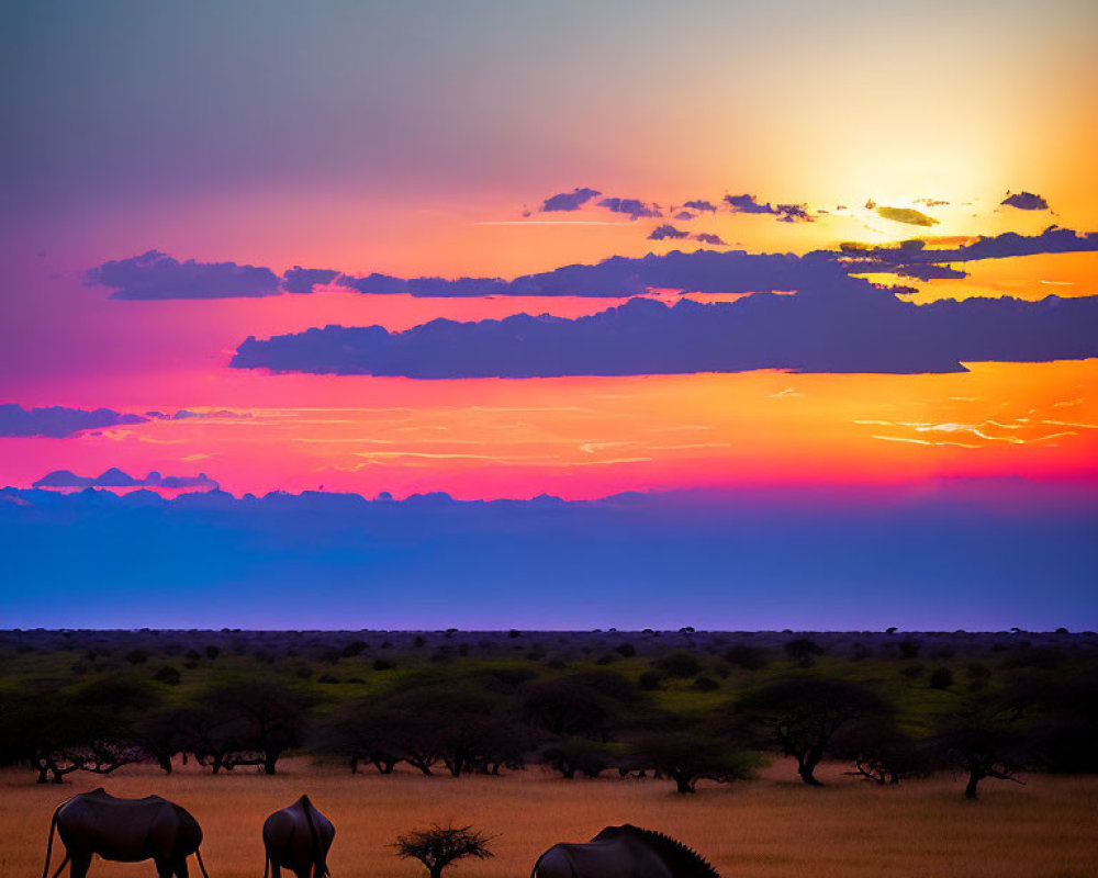 Elephants grazing in savannah under vibrant sunset with layered clouds