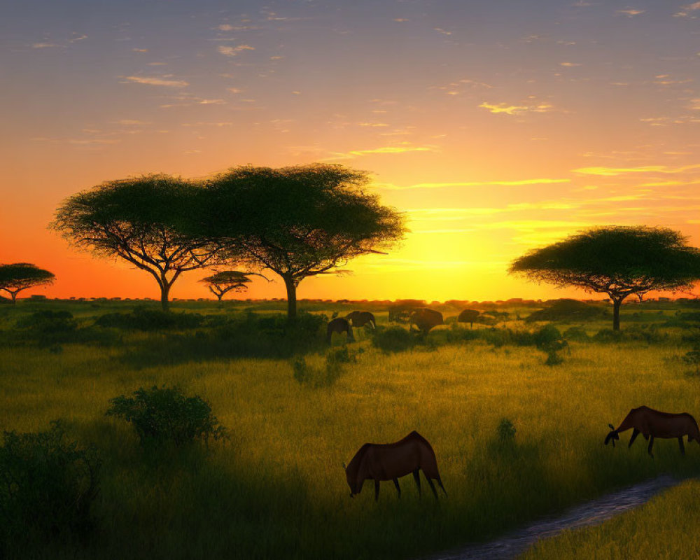 Sunset savanna landscape with silhouetted trees and grazing antelopes in vibrant orange sky