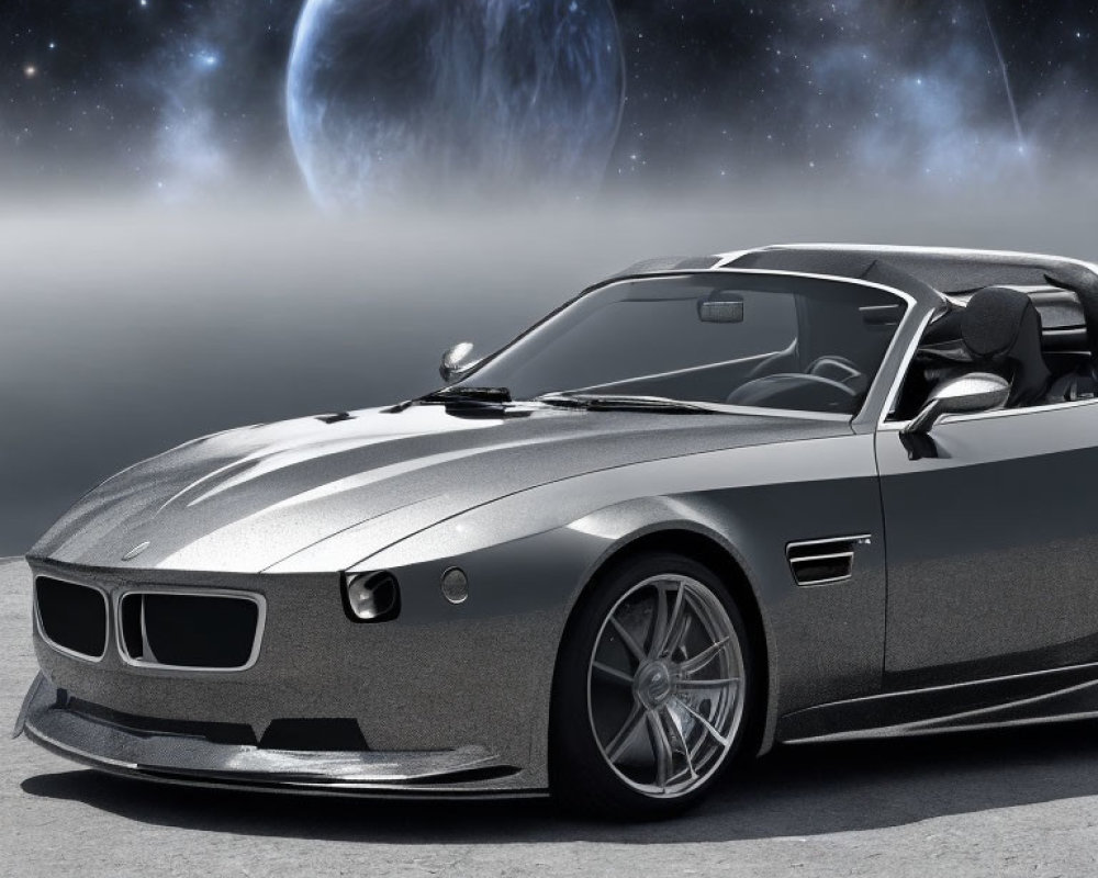 Silver sports car with headlights in cosmic backdrop of celestial bodies and nebulous haze
