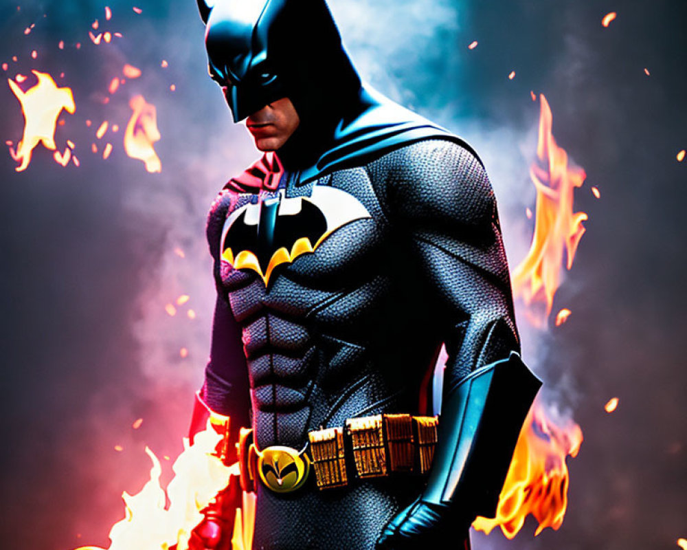 Determined Batman figure surrounded by flames on dark background