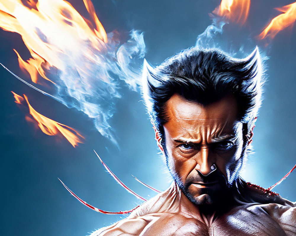 Fierce superhero with adamantium claws in fiery backdrop