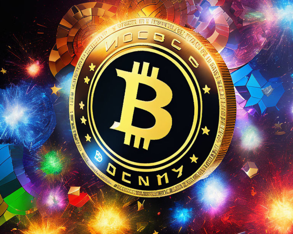 Colorful Bitcoin token surrounded by dynamic lights and shards on dark background