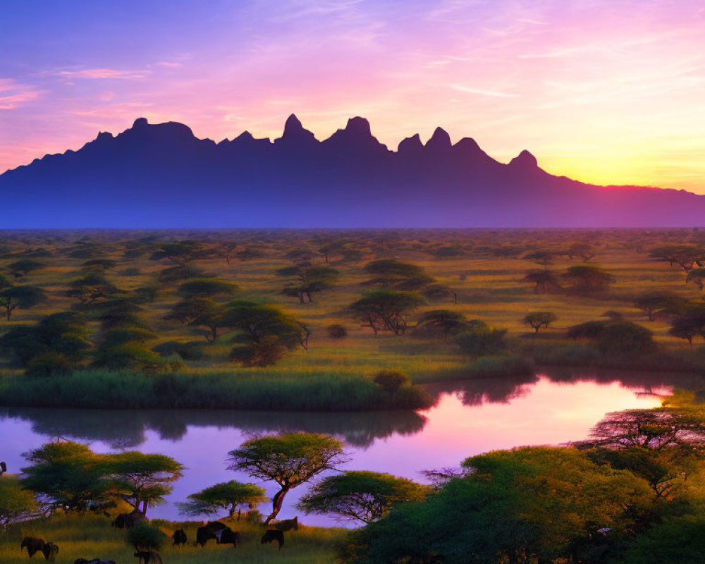 Vibrant sunset over serene savanna with river, wildlife, and trees