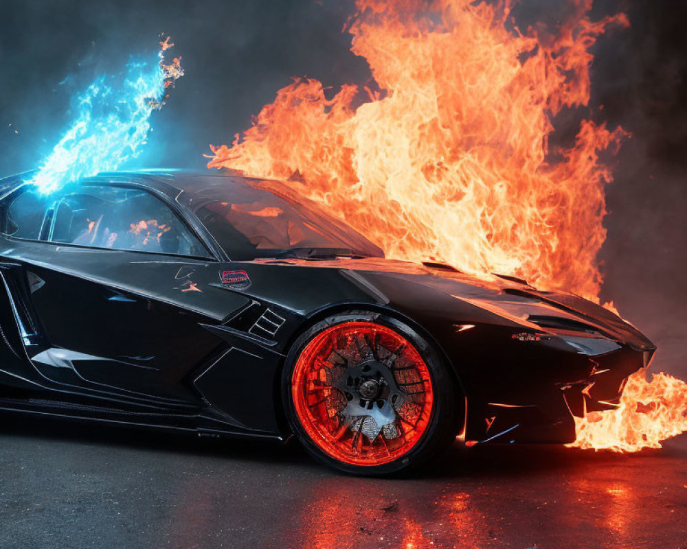 Black sports car with red accents engulfed in flames and smoke.