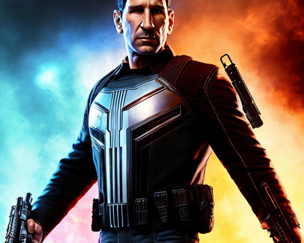 Futuristic man in black armor suit with guns in hands against vibrant smoke background