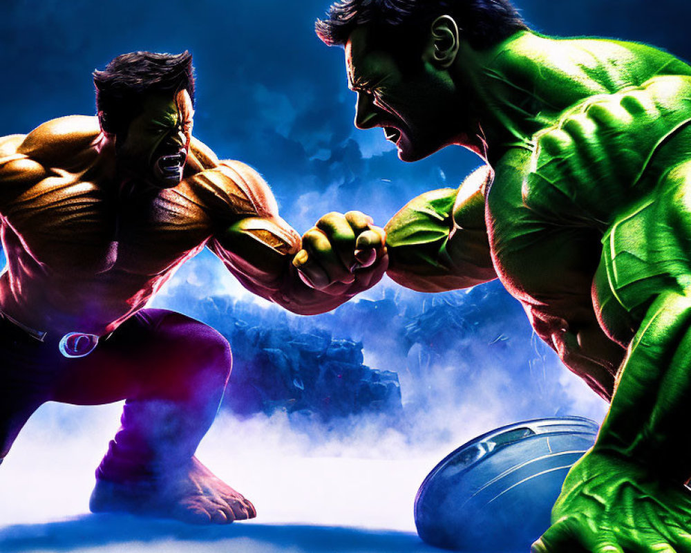 Muscular animated superheroes arm-wrestling on blue smoky background