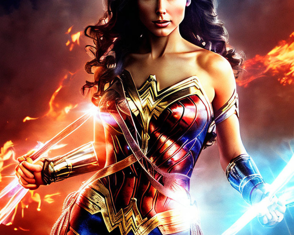 Female superhero with tiara wields glowing Lasso of Truth against fiery backdrop