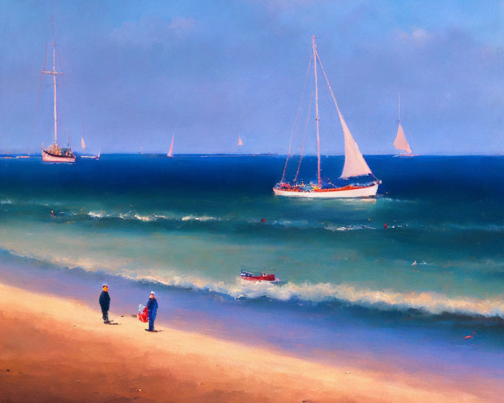 Tranquil beach scene with two people walking, sailboats, calm sea, clear sky