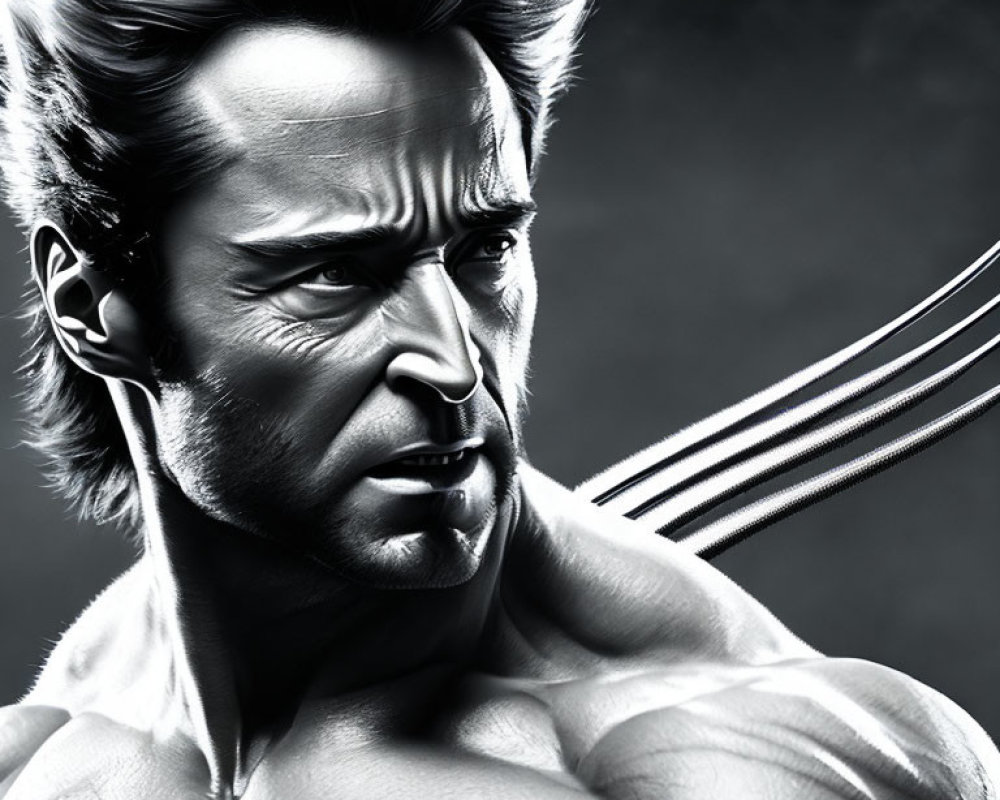 Monochrome Male Character Art with Adamantium Claws and Fierce Expression